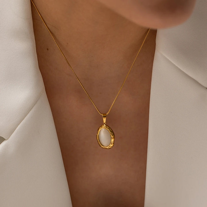 White Cat Eye Opal Pendant Necklace