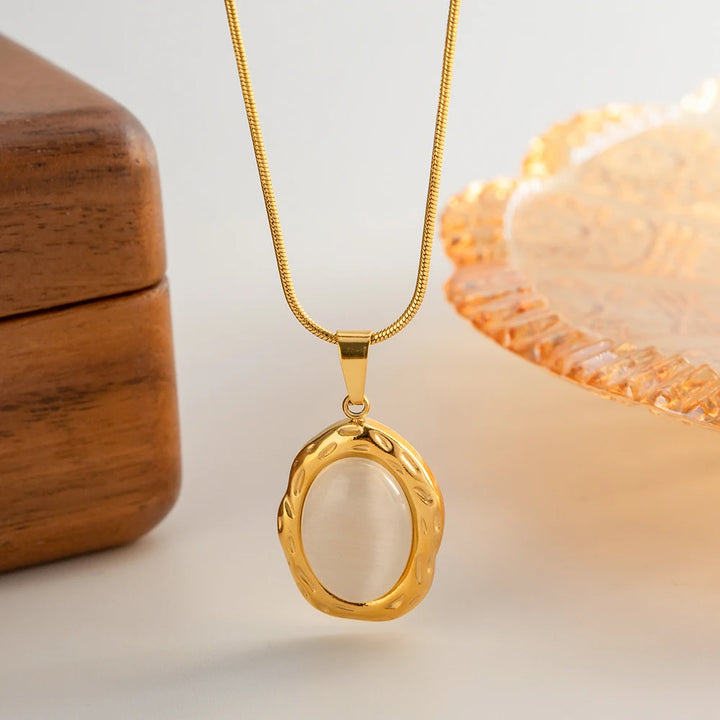 White Cat Eye Opal Pendant Necklace